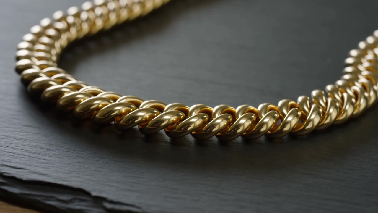 Una lampada da studio che si sposta e la messa a fuoco della telecamera rivelano una collana a corda d'oro su ardesia, con dettagli in legno.