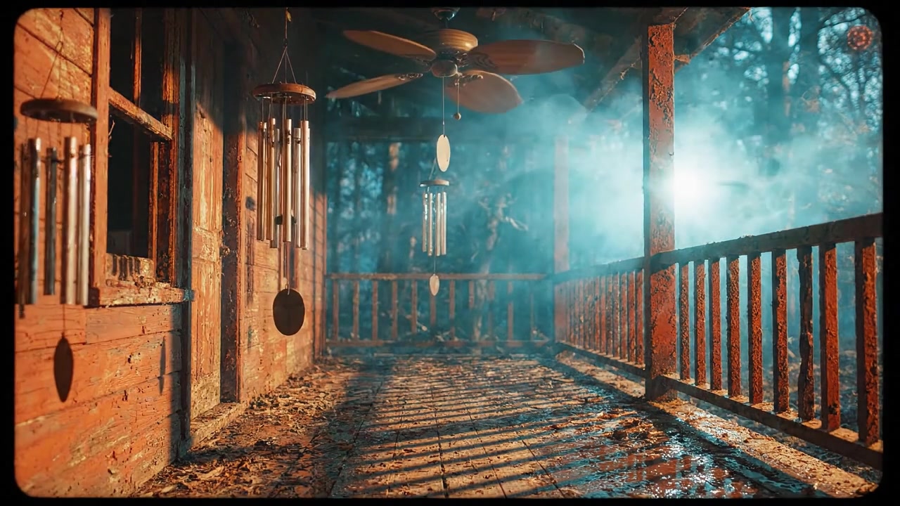 A serene autumn scene captured in two frames displaying a rustic porch adorned with wind chimes illuminated by soft sunlight filtering through the trees.