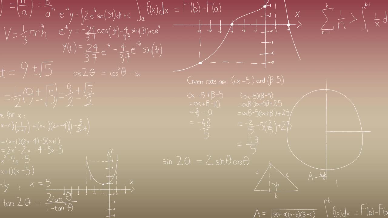 Animation of mathematical equations and diagrams floating against pink gradient background