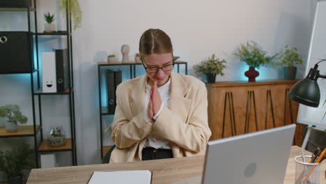 cunning business woman company director rubbing hands, scheming evil tricky prank plan in office