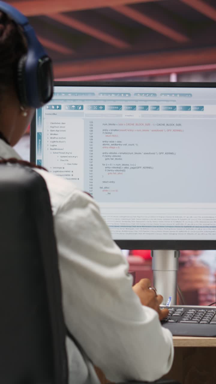Vertical video Programmer wearing headphones types code into PC, developing software