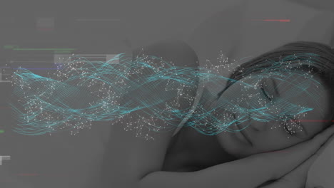 animation of interference and dna strand over caucasian woman sleeping