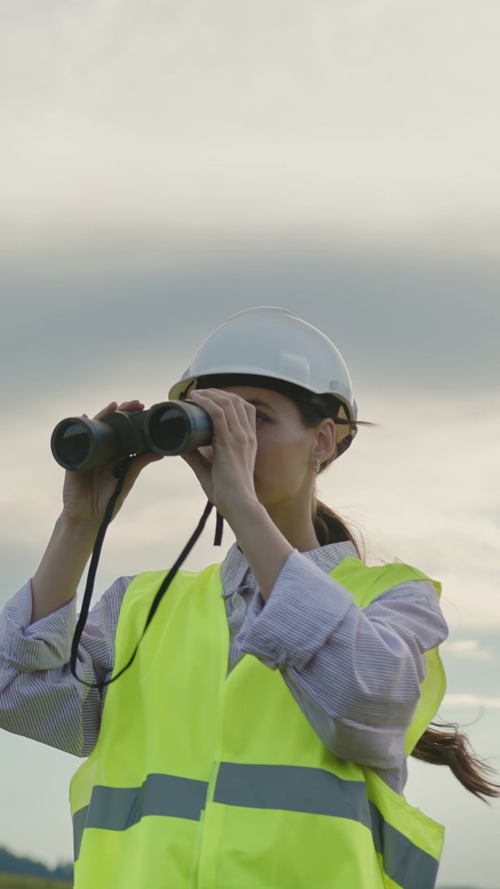 Kvindelig ingeniør iført hat og sikkerhedsvest bruger kikkert til at overvåge industriområde med vindmøller.