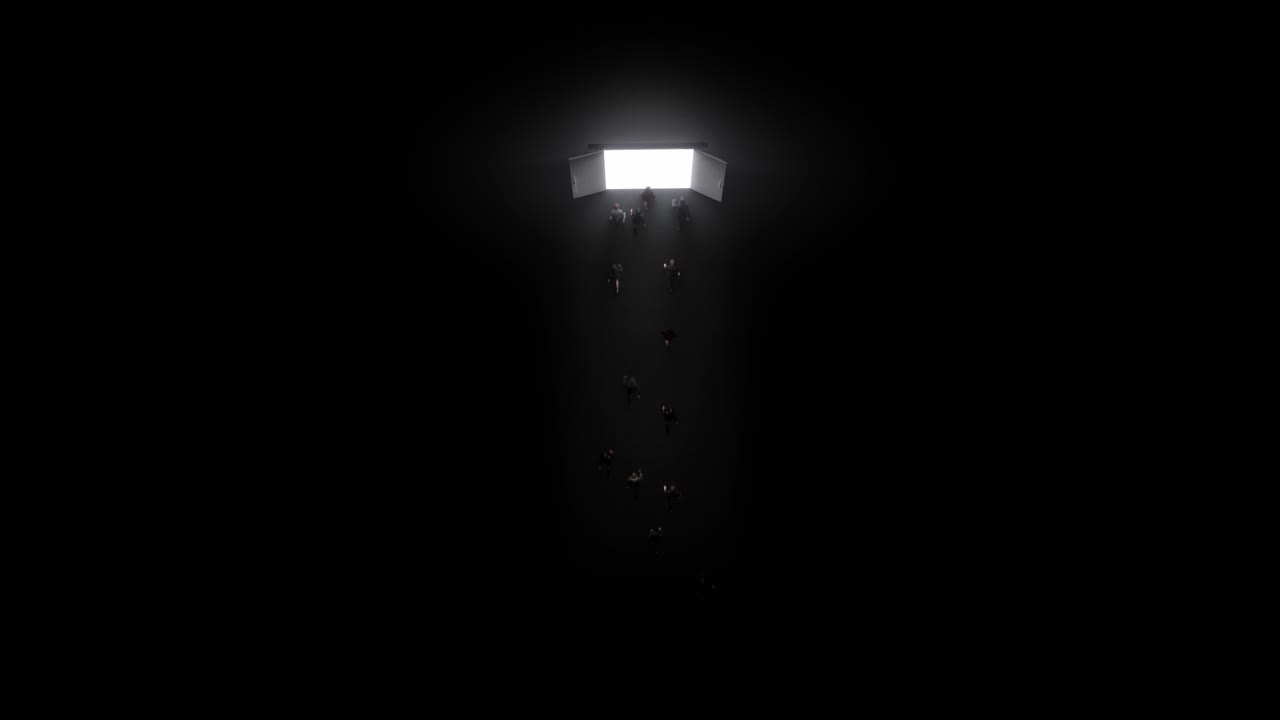 Un gruppo di persone che cammina verso una luce brillante proveniente da una porta aperta in una stanza buia.