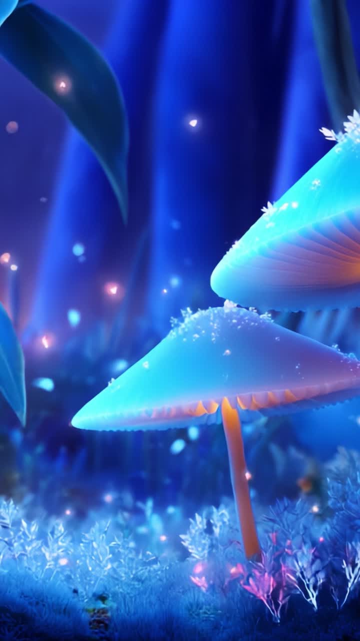 Funghi incantati: una mistica esposizione di funghi bioluminescenti che illuminano la foresta delle fiabe, circondati da un bagliore etereo e da una flora vivace in un paesaggio onirico