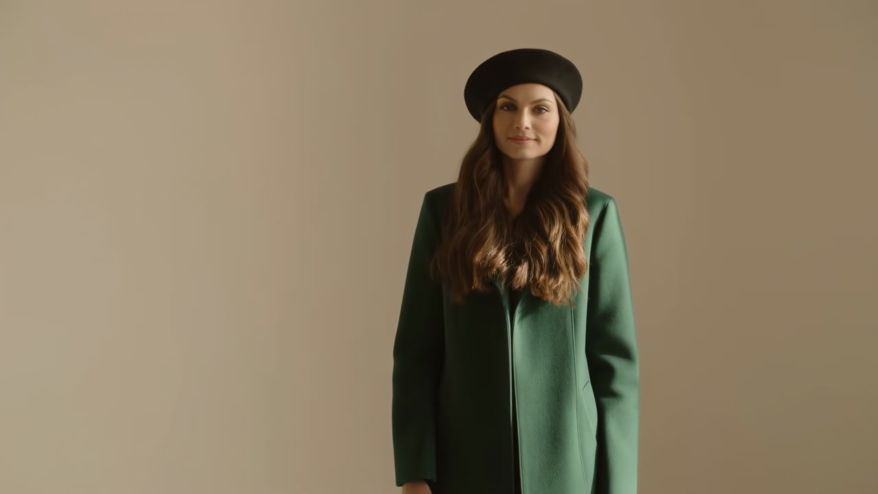Young Caucasian Woman In Beret Coat Standing Against Neutral Beige Studio Background, Long Wavy Hair, Soft