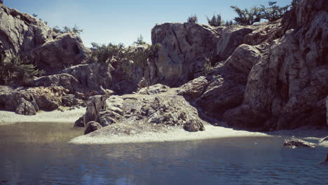 rocky landscape surrounding calm water in a serene natural setting