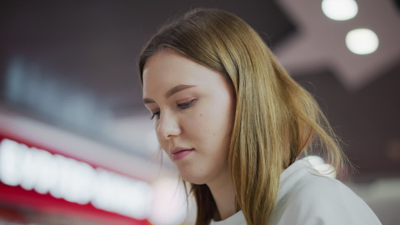 крупный план женщины, смотрящей вниз с мягким размытым фоном огней торгового центра, захватывая задумчивый момент, когда она фокусируется, с торговой атмосферой и людьми, проходящими на заднем плане