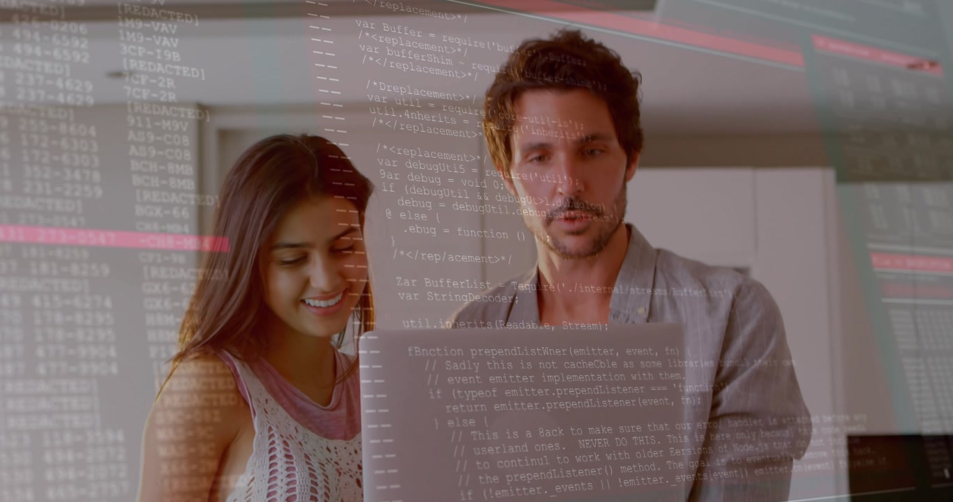 Man and woman holding laptop, tapping keyboard causing technology code overlay as man explaining