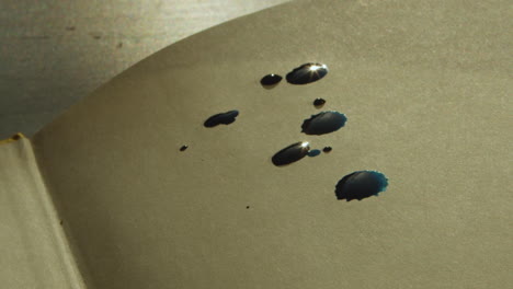 black ink drips on parchment paper and sparkles in light, close-up