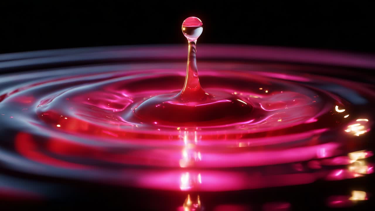 Mesmerizing Visuals of Liquid Dynamics: Captivating Frames Show Water Droplet Interactions with Vibrant Pink Ripple Effect, Reflecting Light in Stunning Visual Artistry
