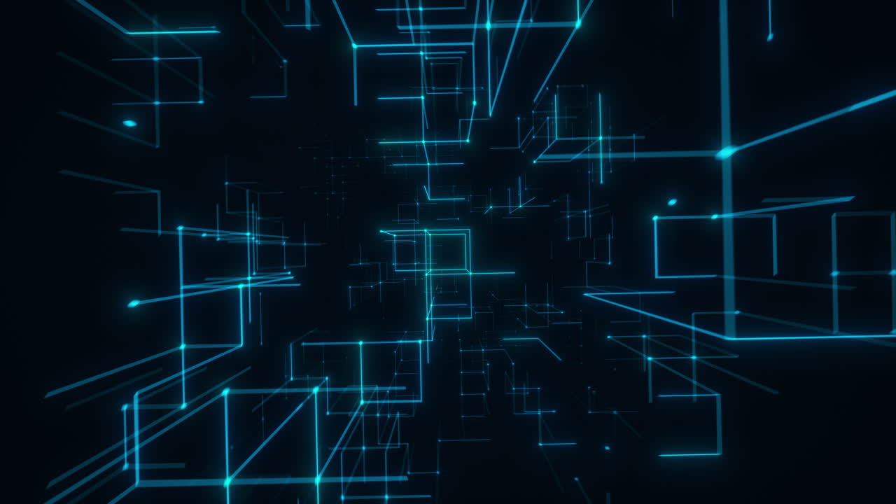 Blue Neon Geometric Grid Stretching Into Futuristic Depth. Looped 3D rendering