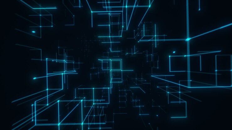 Griglia geometrica blu neon che si estende in profondità futuristica. Rendering 3D in loop