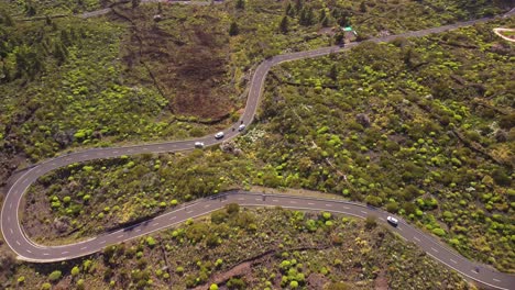 Winding-road-of-Tenerife-island-mountains,-aerial-drone-view