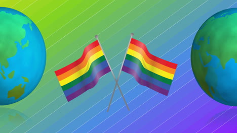 animation of globes over rainbow flags on rainbow background