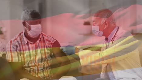 Animation-of-vibes-and-germany-flag-over-diverse-male-doctor-vaccinating-senior-male-patient