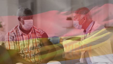animación de vibraciones y bandera alemana sobre diversos médicos varones vacunando a pacientes varones mayores