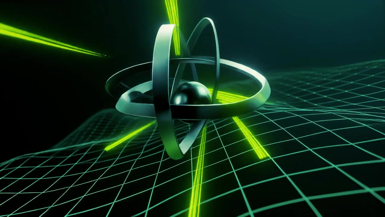 Abstract 3D Animation of an Atom with Glowing Green Light Beams