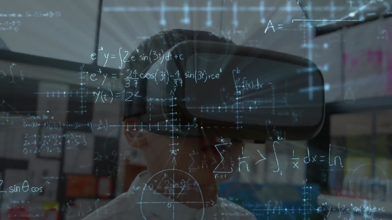 vr 헤드 ⁇ 을 사용하는 백인 학교생에 대한 수학 방정식의 애니메이션