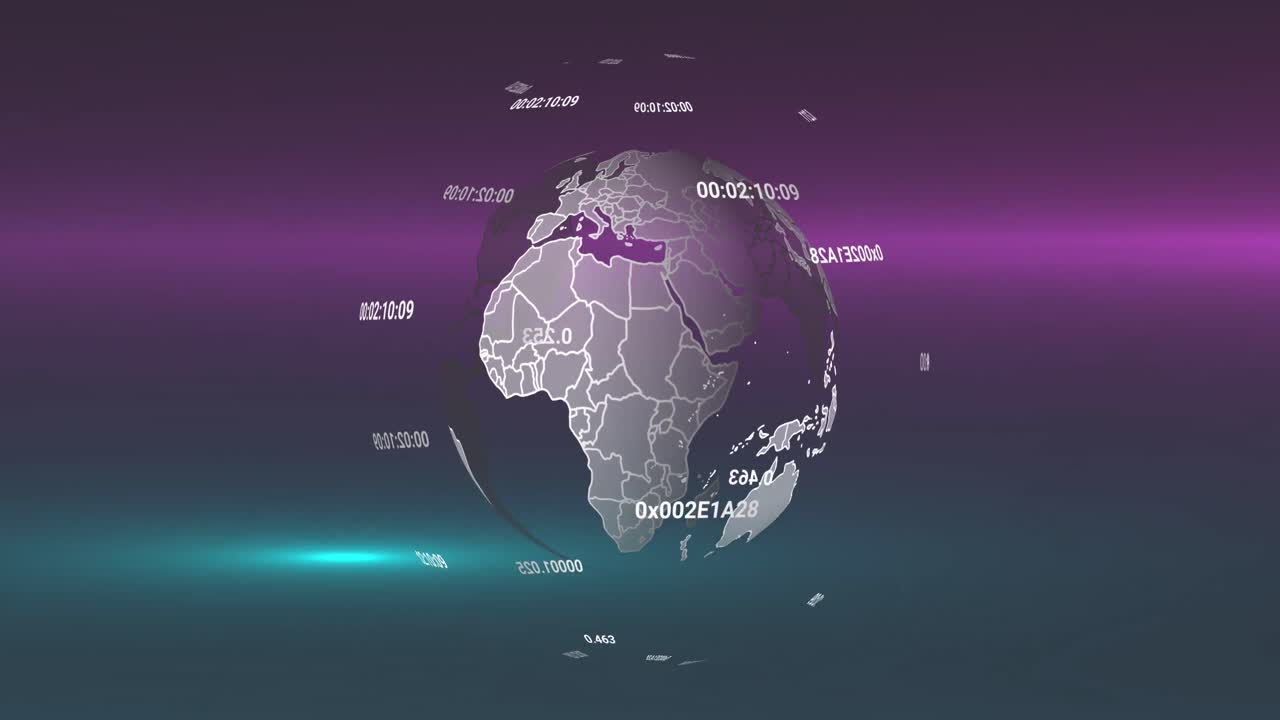 Animation of globe with data processing over light trails on black background