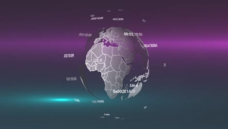 animation of globe with data processing over light trails on black background