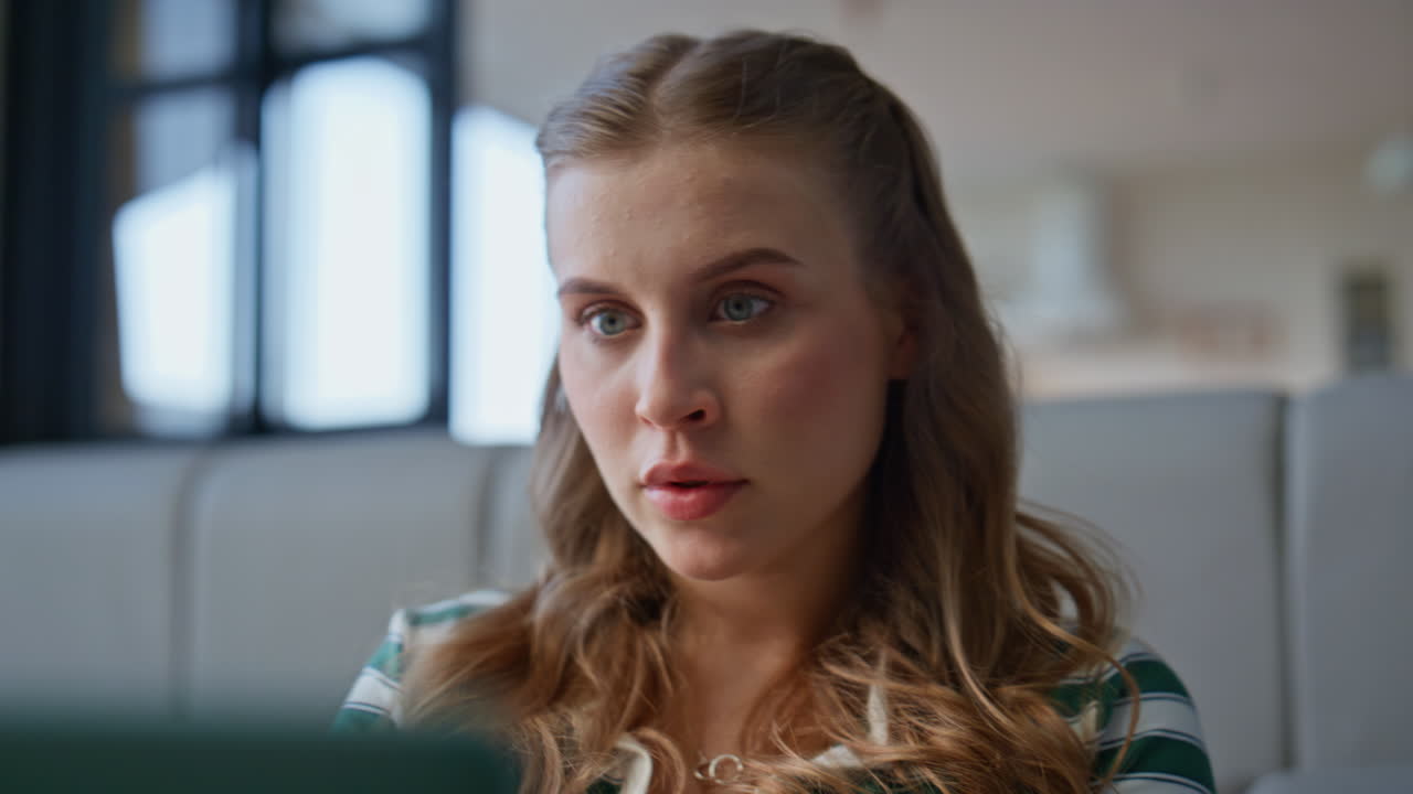 Woman typing laptop home enjoying domestic leisure closeup. Freelancer working