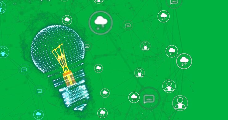 Animation of light bulb and network of digital cloud icons on transparent background