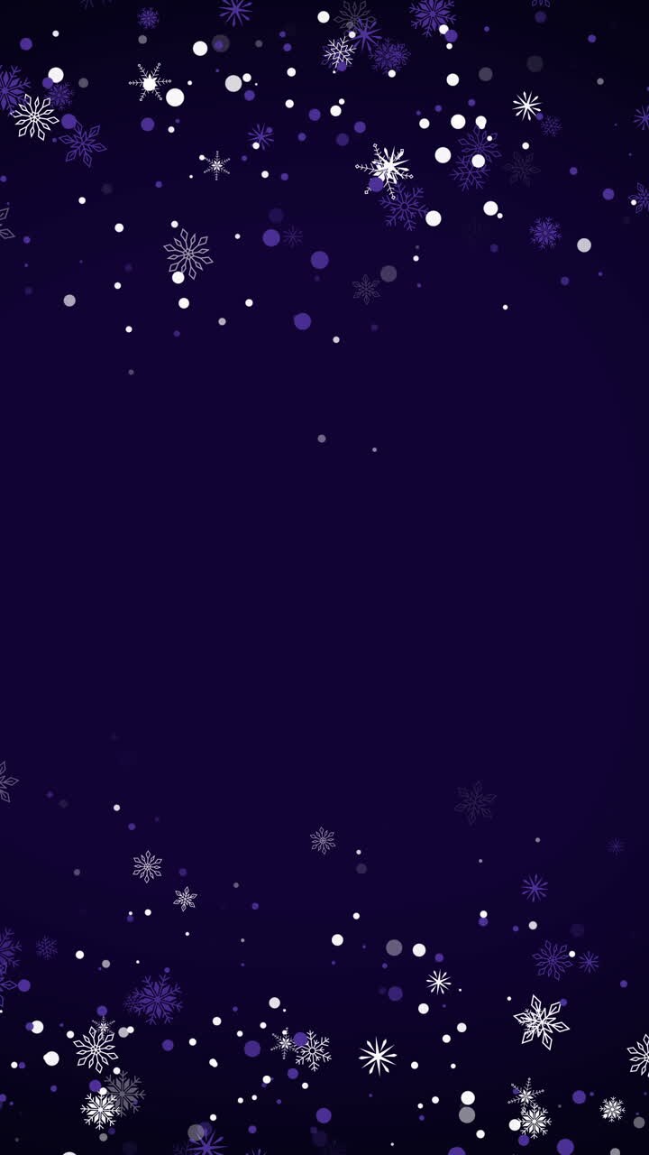 Fall white snowflake frame on dark night blue background. Loop animation with copy space. Vertical video.
