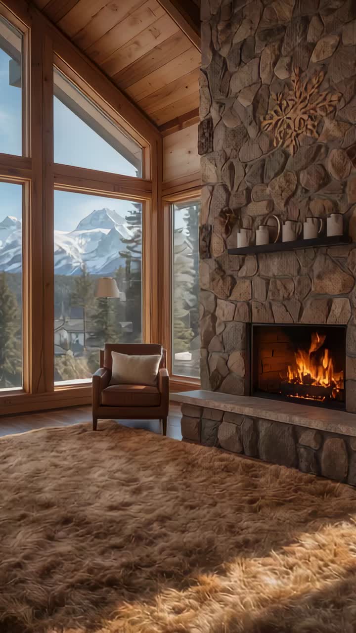 Vertical video: Panning camera zooming forward in chalet, revealing fireplace and peak, copy space