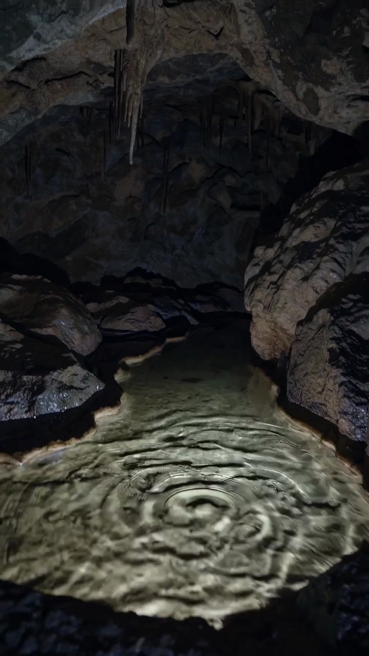 Acqua che gocciola dalle stalattiti in un ruscello sotterraneo
