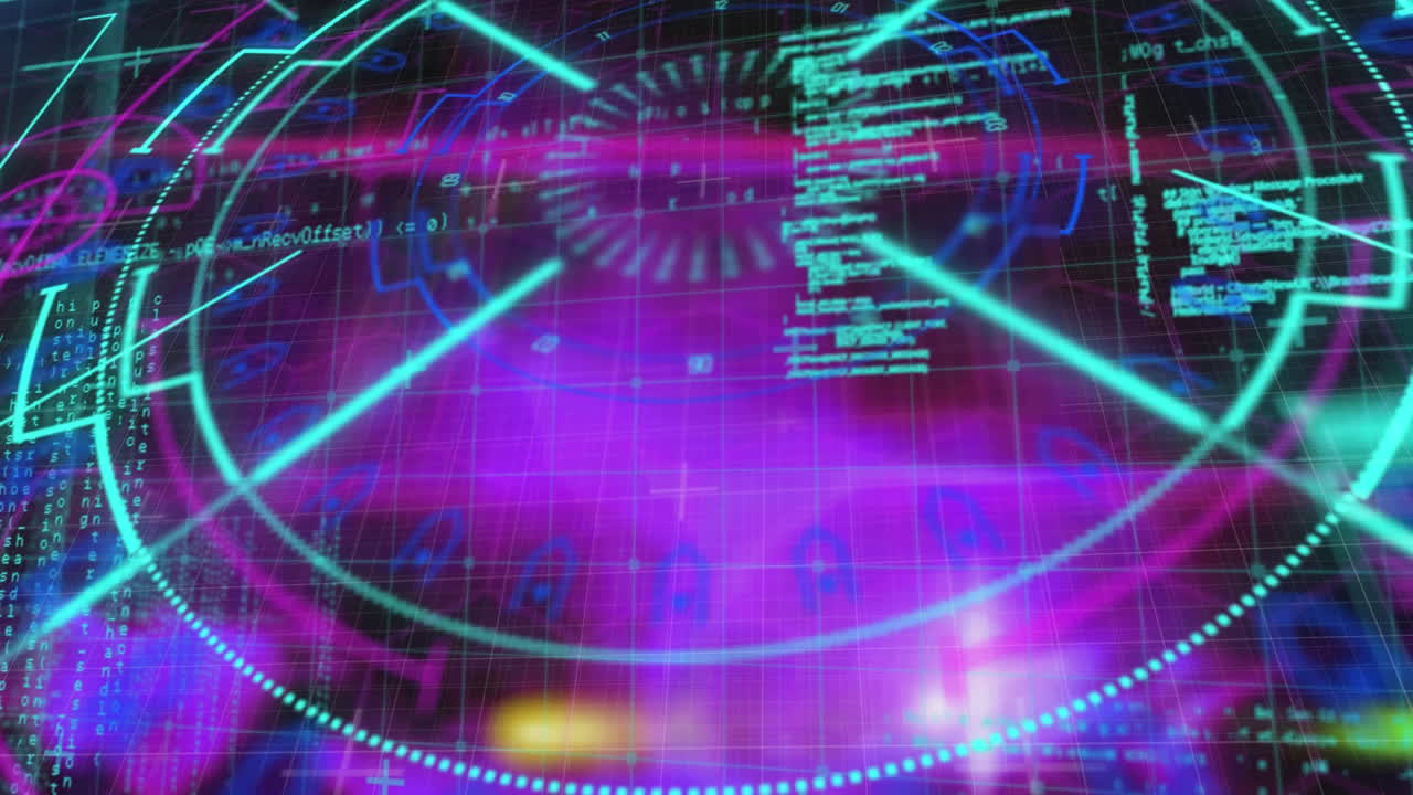 그리드와 분홍색 빛을 통해 스 ⁇  스캔과 데이터 처리의 애니메이션