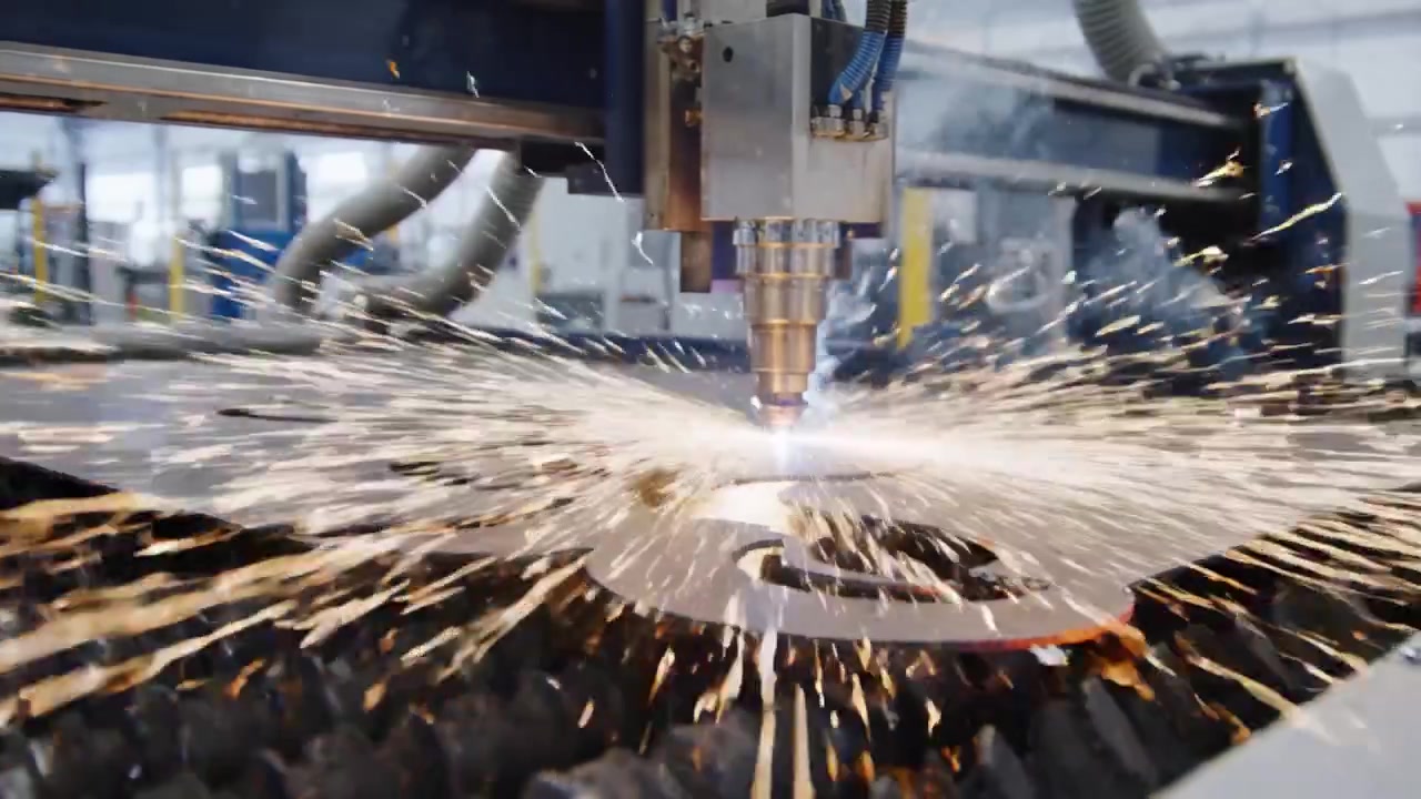 Højpræcisions laserskæringsproces fanget i aktion: Funklende metalgnister flyver, når laseren bearbejder stålplader i et moderne produktionsmiljø.