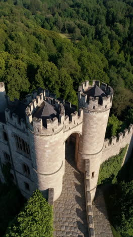 aerial view of a medieval castle gatehouse