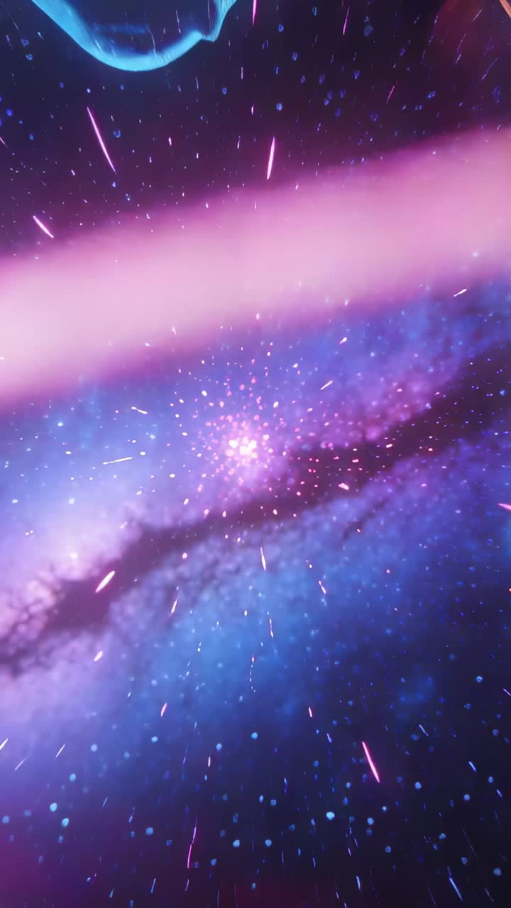 Camera moving past neon spine, revealing cyan filaments, pulsing spheres, sparks and starfield