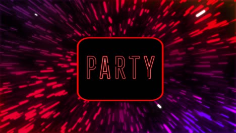 animation of party text over light trails on black background