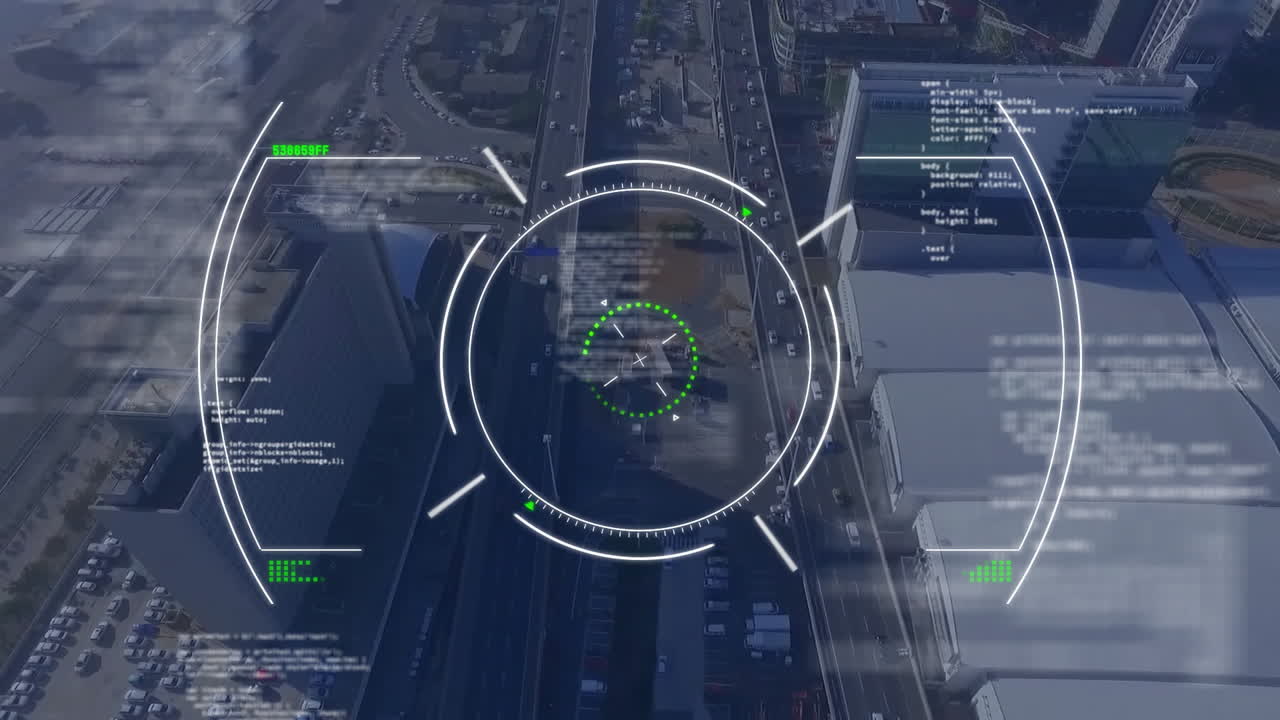 Animation of data processing and scope scanning over cityscape