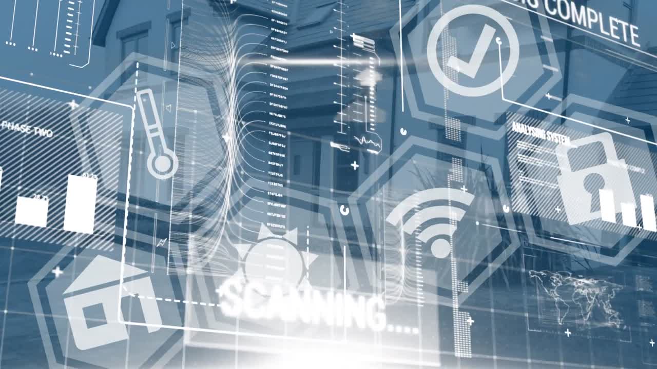 Animation of digital icons and data processing over house