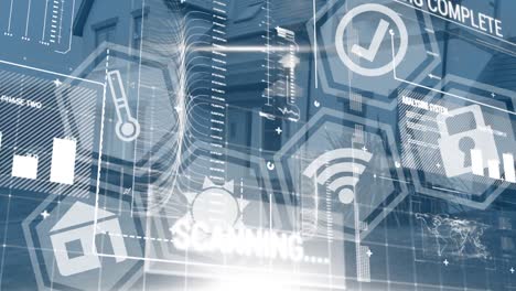 animation of digital icons and data processing over house