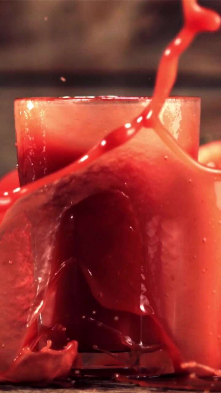 Fetta di pomodoro lasciata cadere in un bicchiere di succo di pomodoro fresco al rallentatore