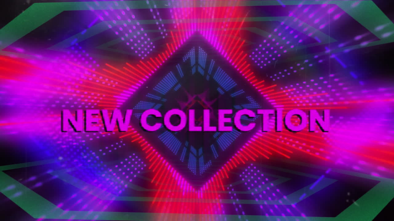 animación del texto de la nueva colección sobre un fondo púrpura geométrico brillante