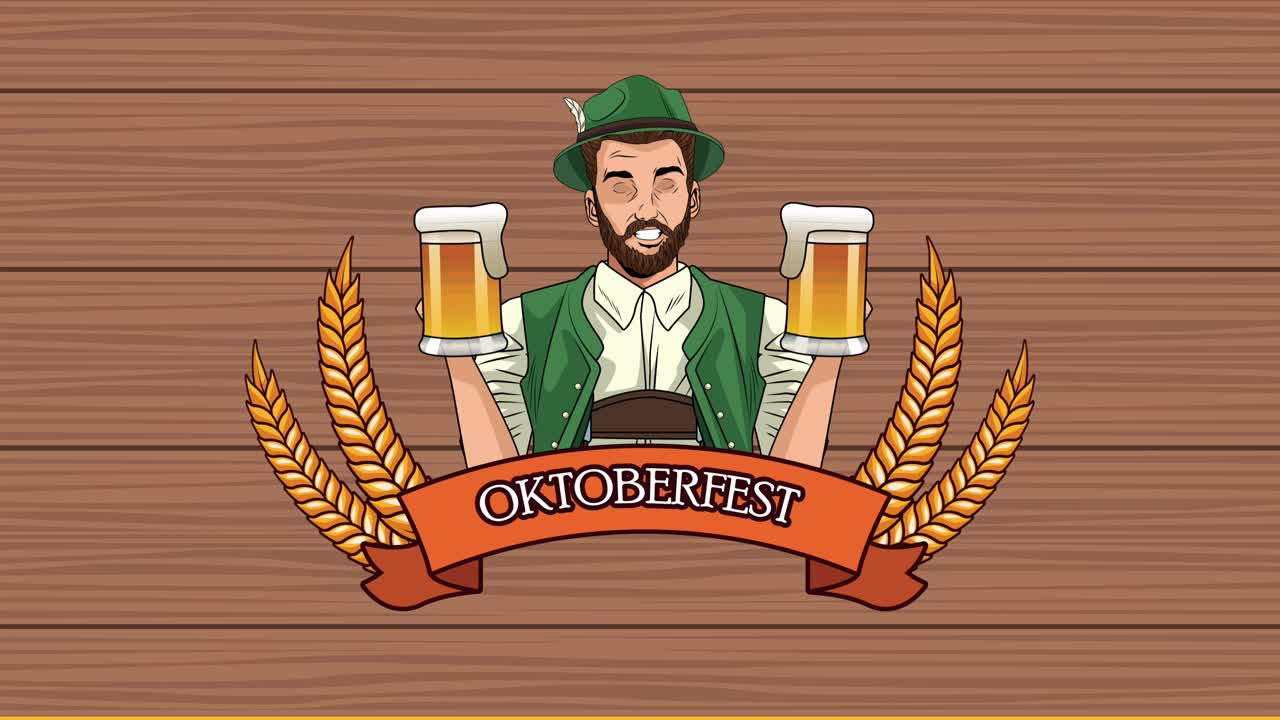 animación de celebración de oktoberfest feliz con hombre alemán bebiendo cervezas