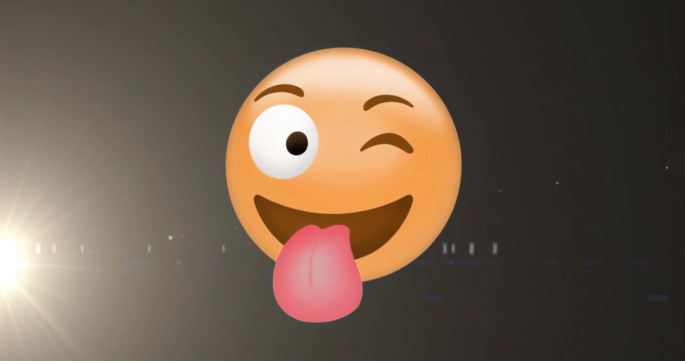 Cartoon face appearing on backdrop left flare right glitch starting looping wink and tongue motion
