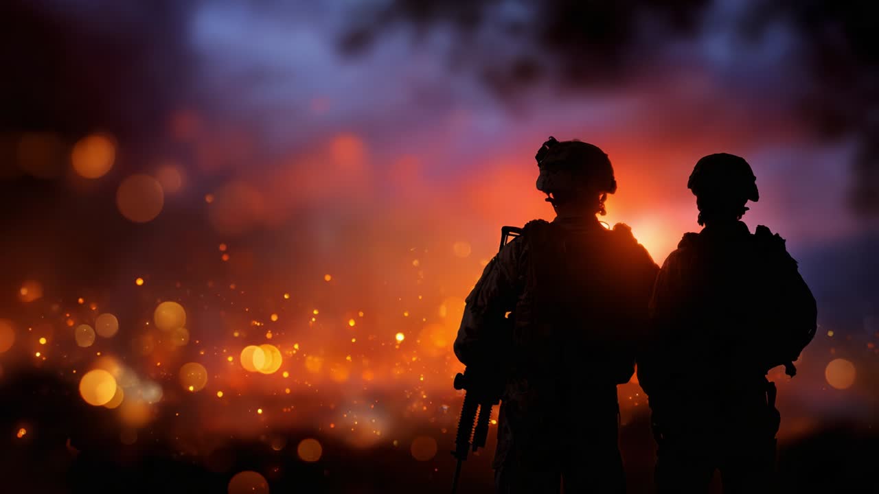 In the shadow of a fiery horizon, two solemn soldiers stand side by side, embodying the unyielding spirit of camaraderie and resilience amid the uncertainty and chaos of conflict in the twilight sky