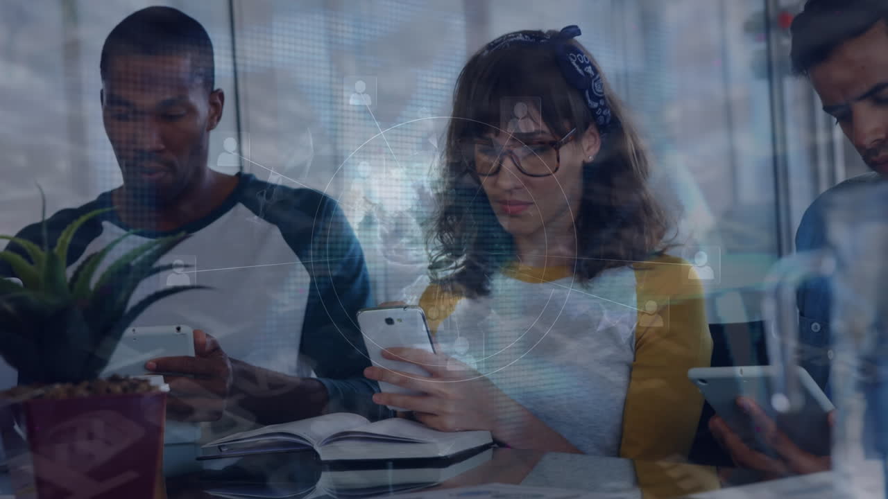 Animation of data processing over diverse business people using electronic devices