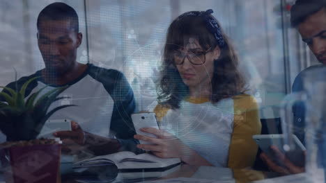 animation of data processing over diverse business people using electronic devices