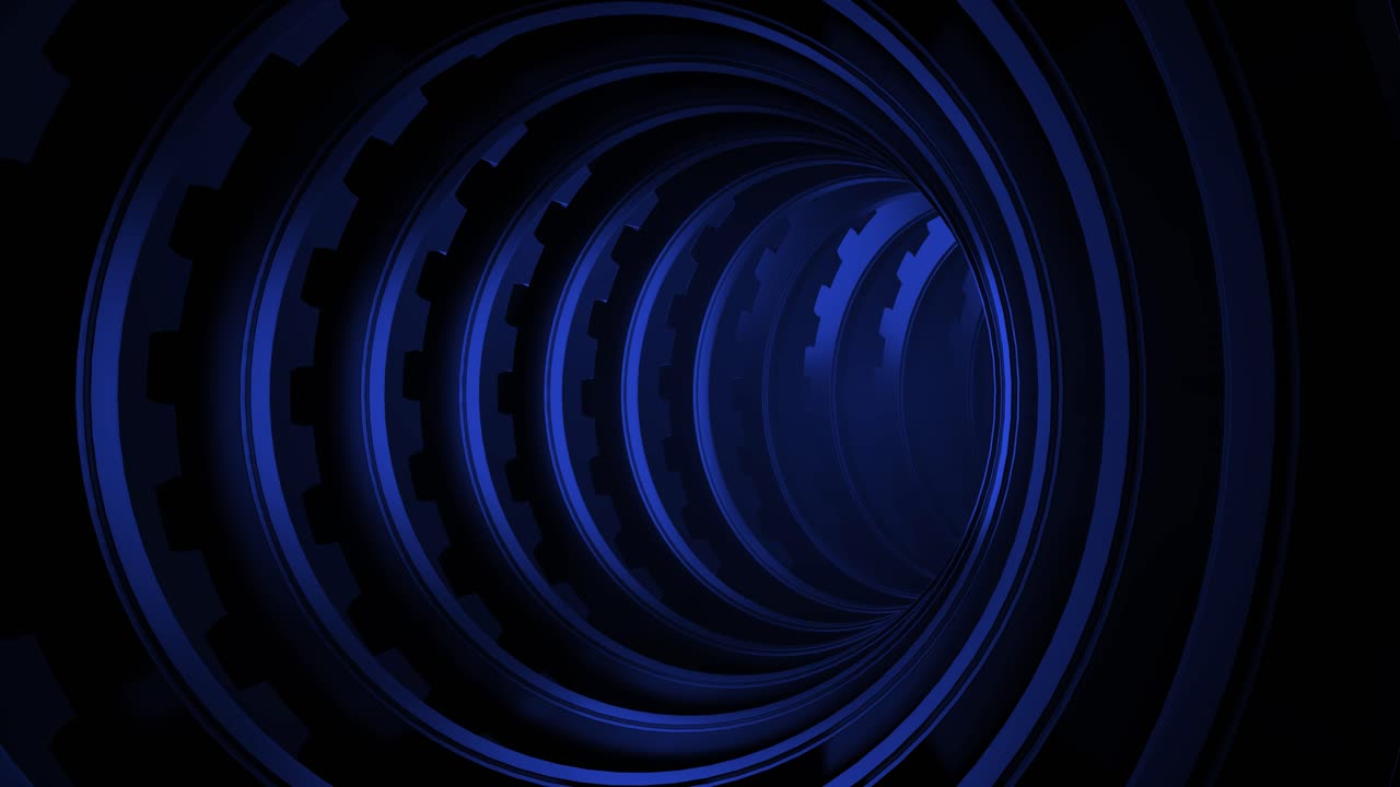 3D render of sci fi tunnel with moving colorful gear rings