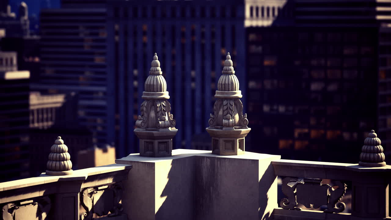 Historic architecture on a rooftop with city skyline backdrop at sunset