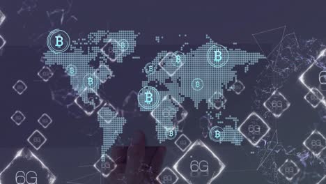 animación de 6g, bitcoins y mapa del mundo con conexiones sobre fondo violeta