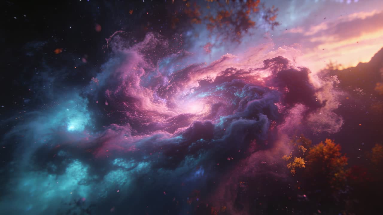 Nebulosa vorticante con un nucleo che si illumina, si espande e ruota, emettendo bagliori vicino alla cima degli alberi e a nubi color verde acqua.