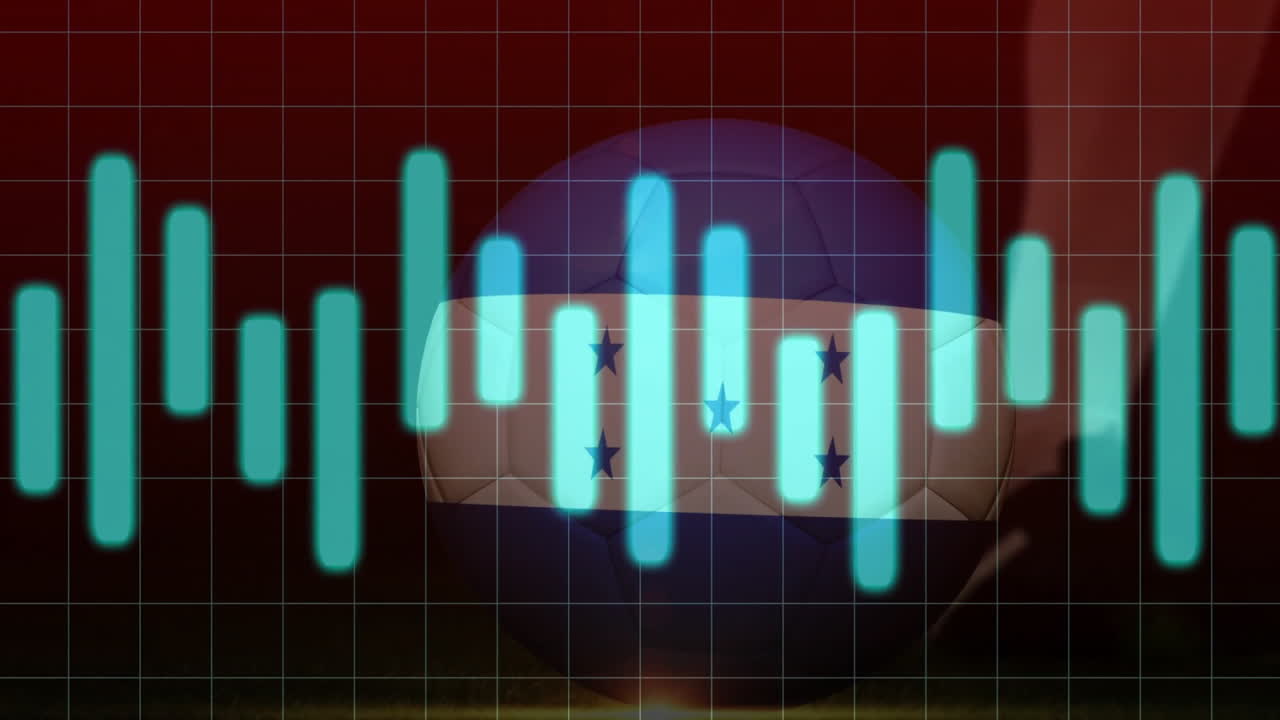 Honduras flag with glowing soundwave animation over soccer ball background